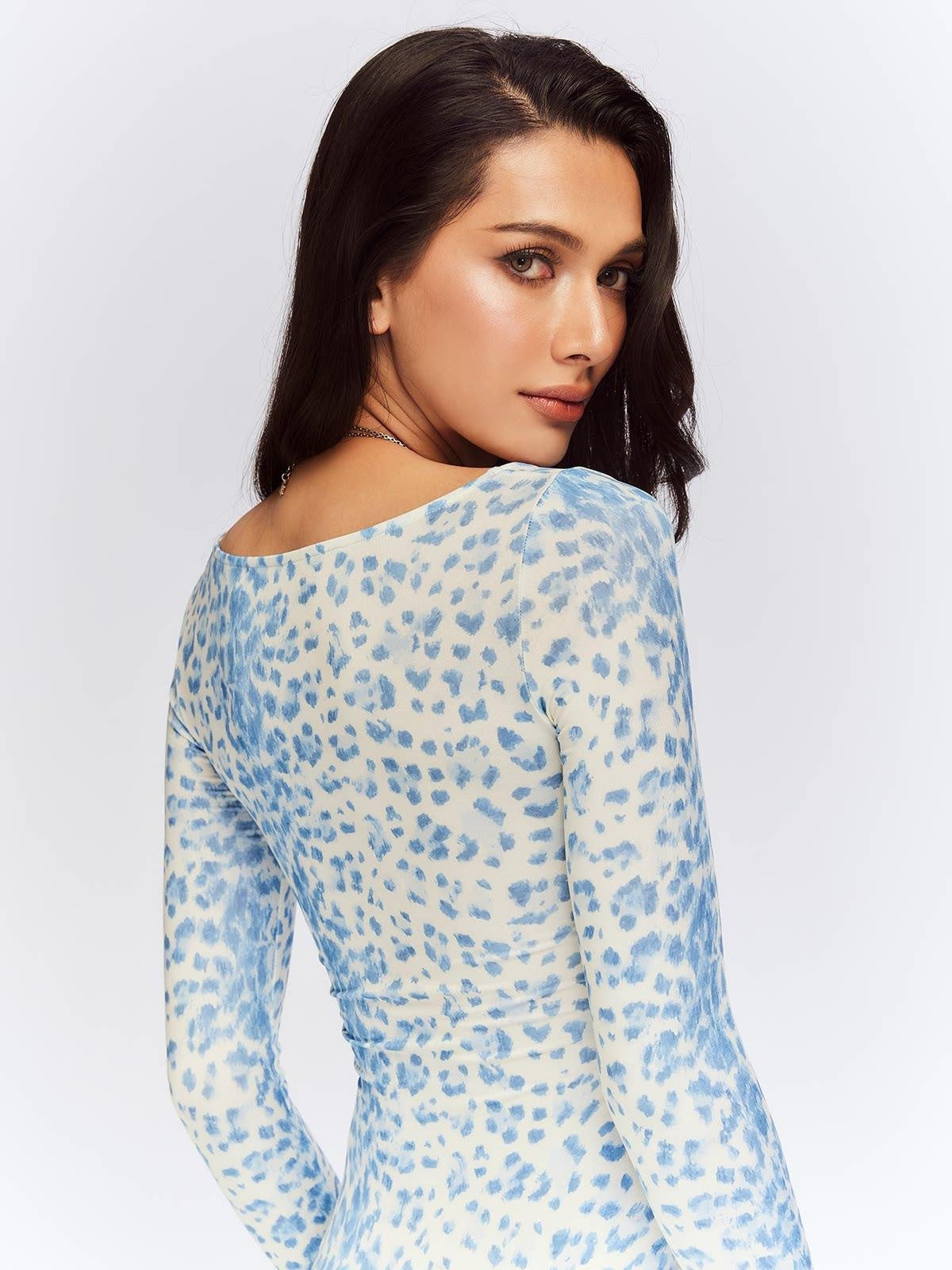 JYOSEI Blue Leopard Square Neck Long Sleeve Cinched Waist Bodycon Maxi Dresses