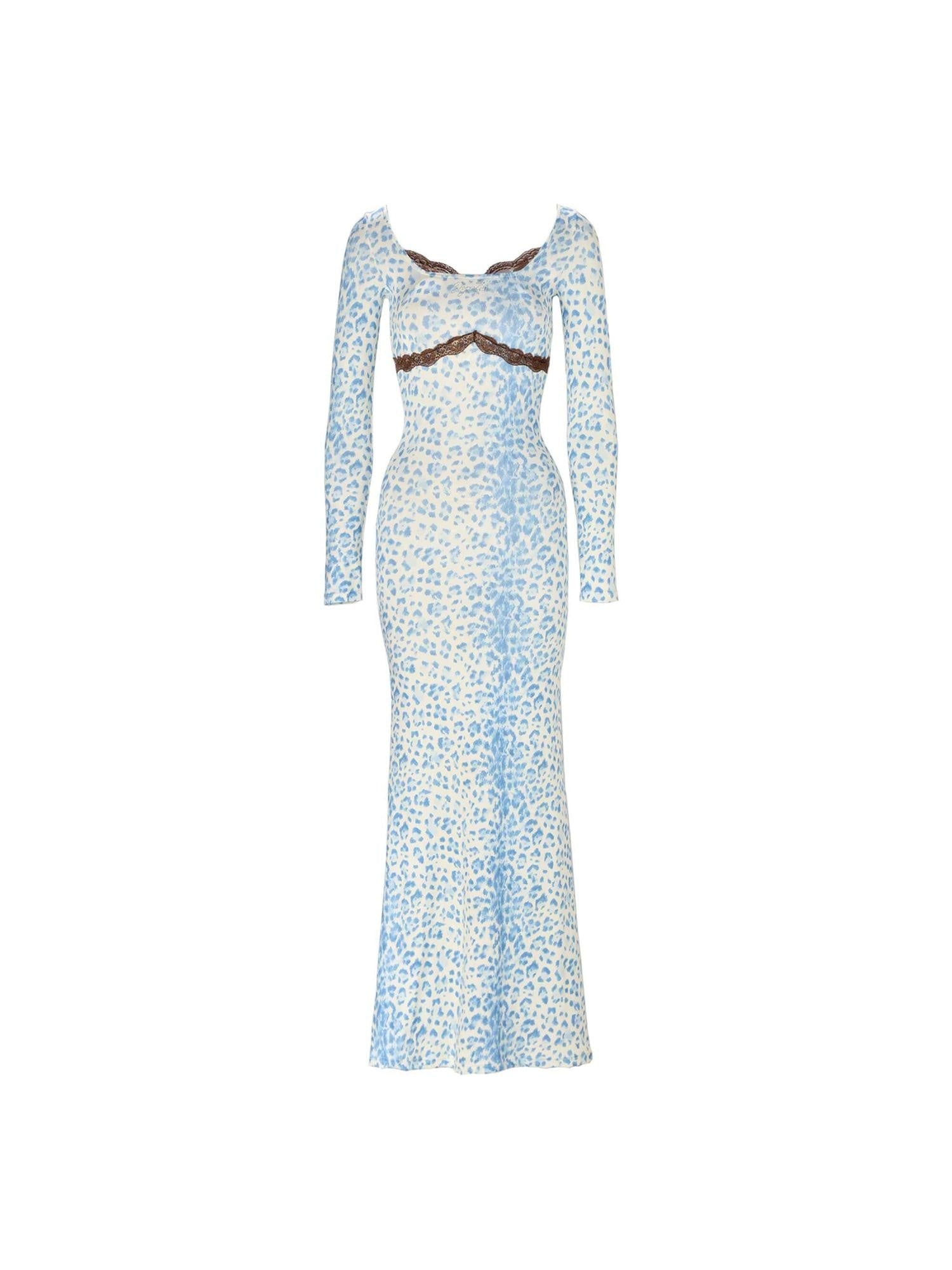 JYOSEI Blue Leopard Square Neck Long Sleeve Cinched Waist Bodycon Maxi Dresses