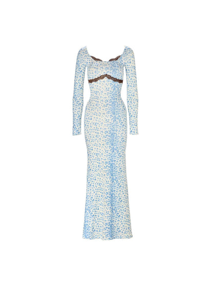 JYOSEI Blue Leopard Square Neck Long Sleeve Cinched Waist Bodycon Maxi Dresses
