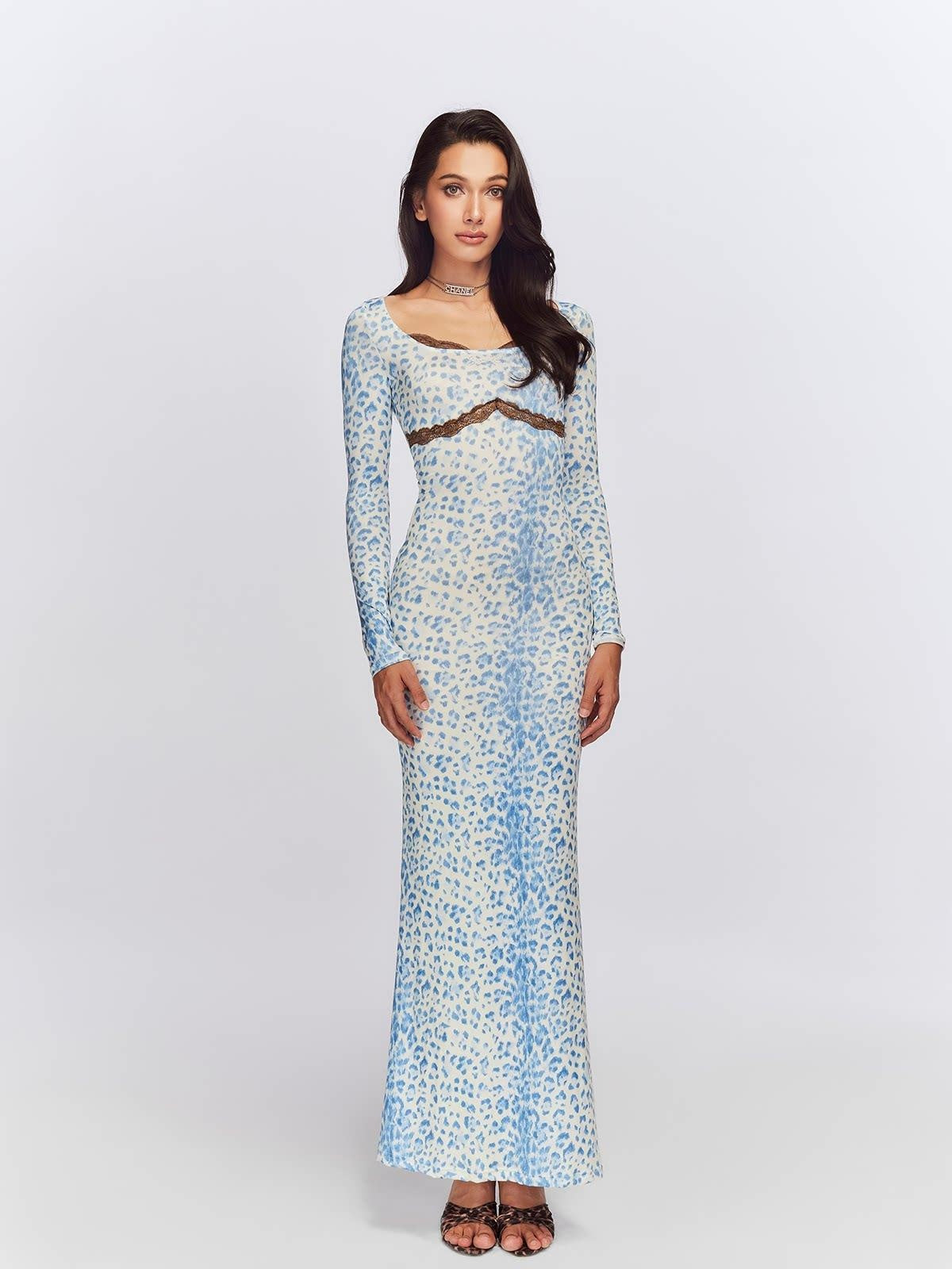 JYOSEI Blue Leopard Square Neck Long Sleeve Cinched Waist Bodycon Maxi Dresses