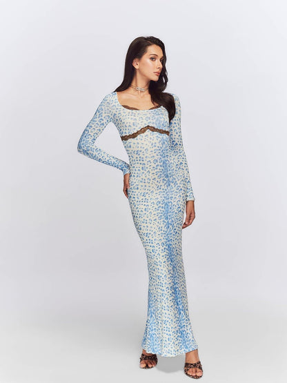 JYOSEI Blue Leopard Square Neck Long Sleeve Cinched Waist Bodycon Maxi Dresses