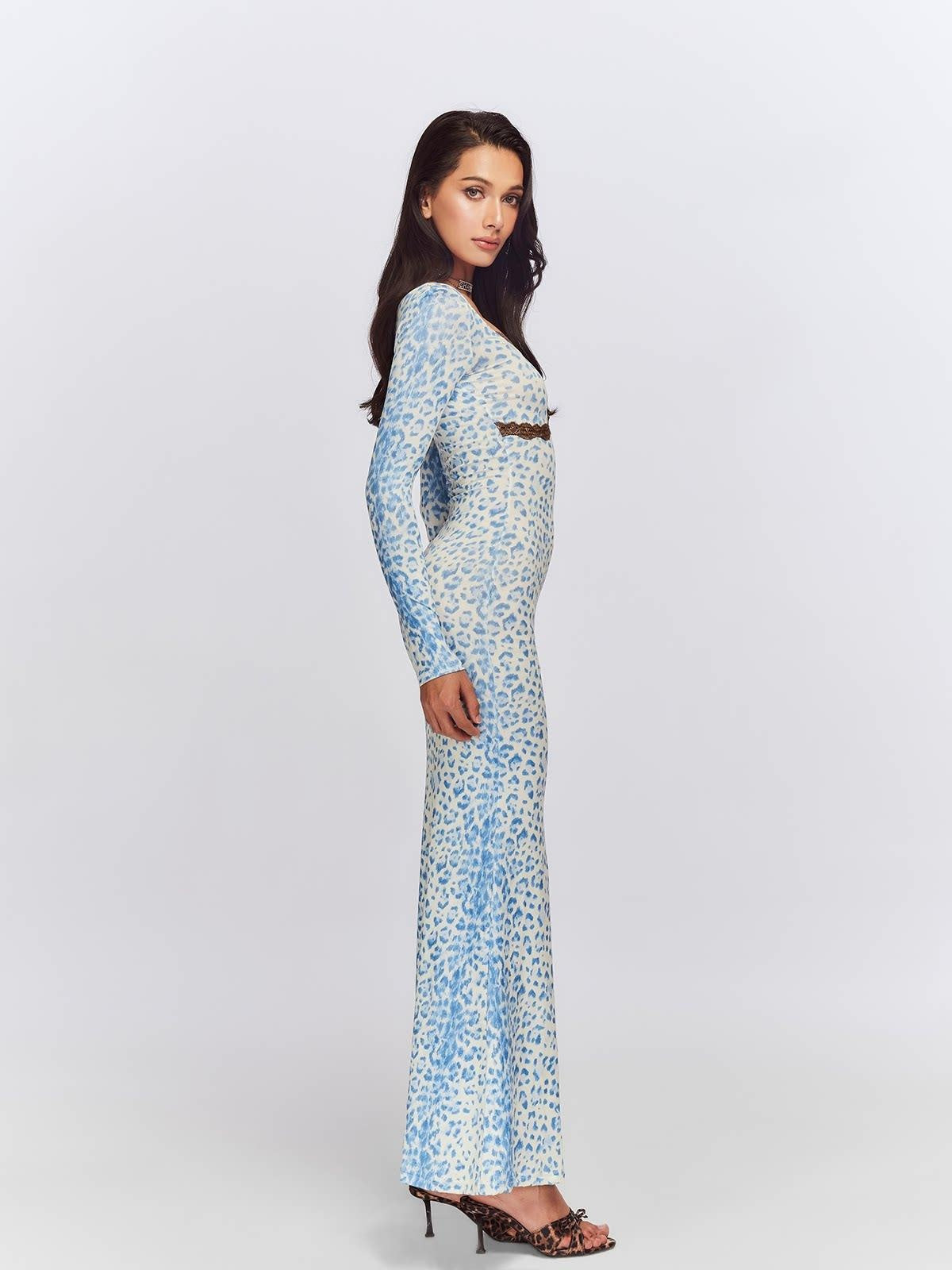 JYOSEI Blue Leopard Square Neck Long Sleeve Cinched Waist Bodycon Maxi Dresses