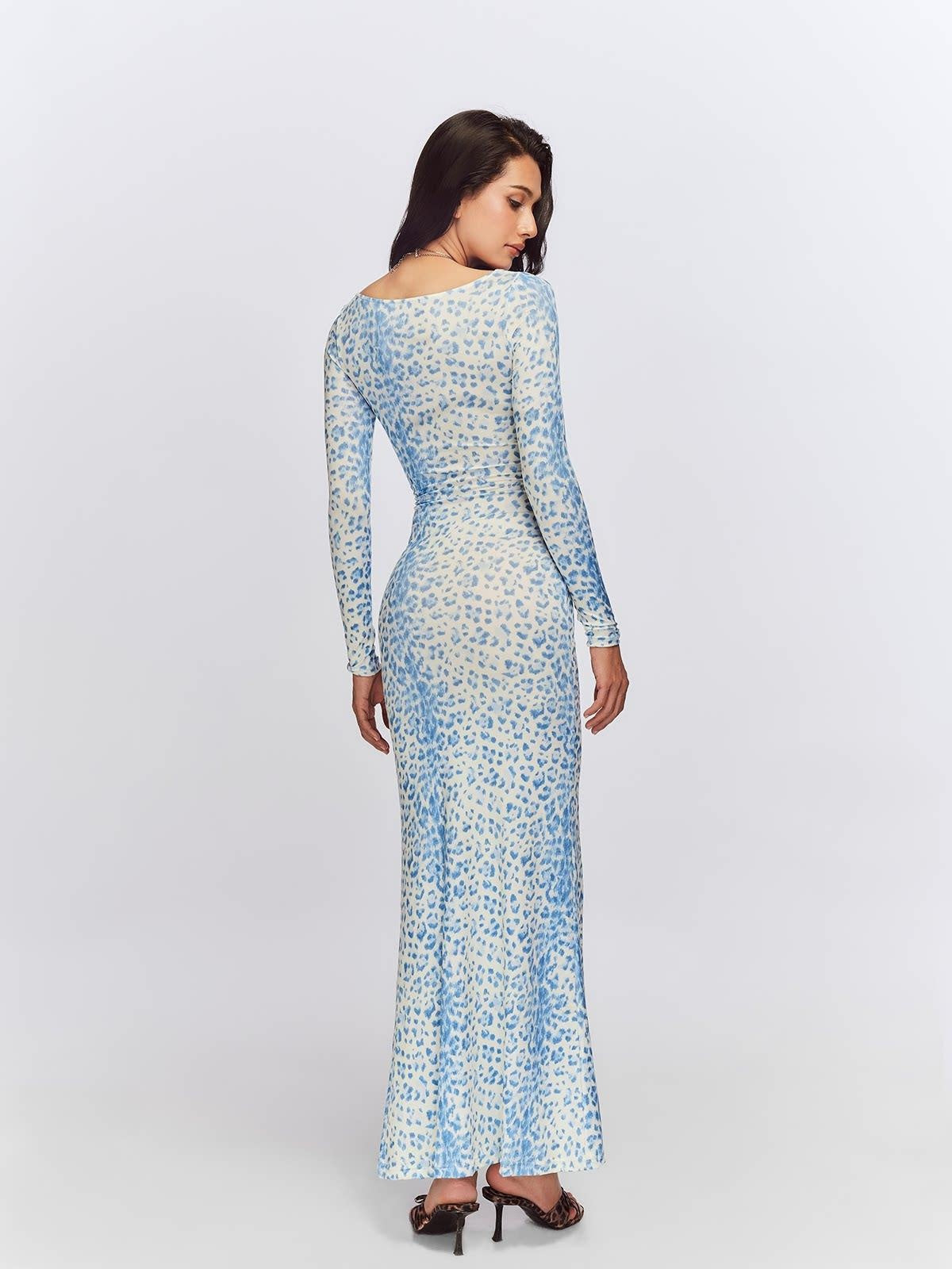 JYOSEI Blue Leopard Square Neck Long Sleeve Cinched Waist Bodycon Maxi Dresses