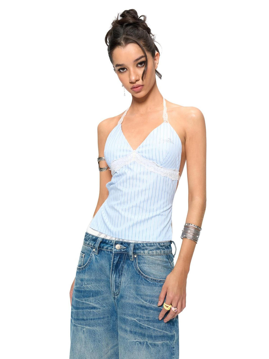 JYOSEI Blue Stripe V-Neck Lace Back Tie Crop Top