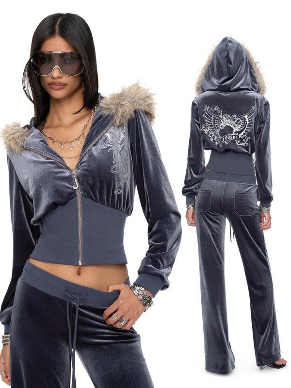 Blue Velvet Print Letter Hooded Zip Loose Women's Polyester Tracksuit Sets