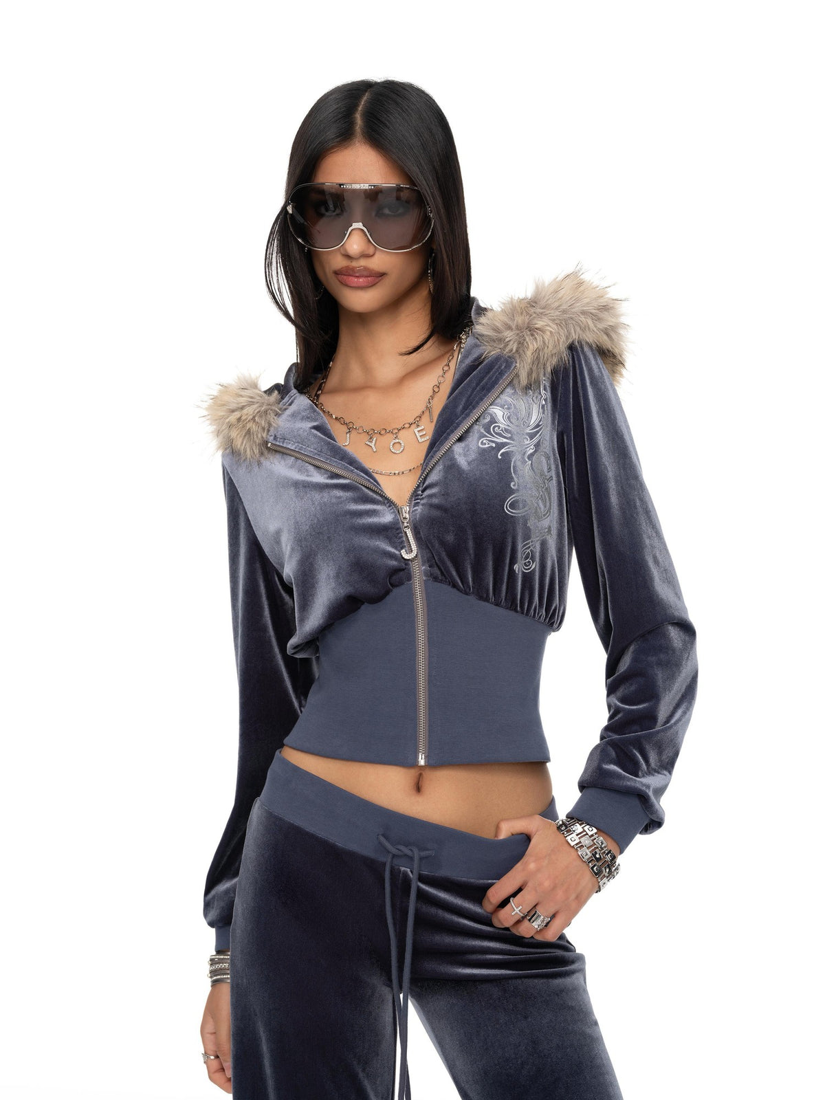 JYOSEI Blue Velvet Print Letter Hooded Zip Loose Women&