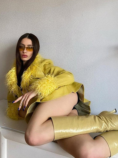 JYOSEI Bright Yellow Fixed Shearling Collar Women&