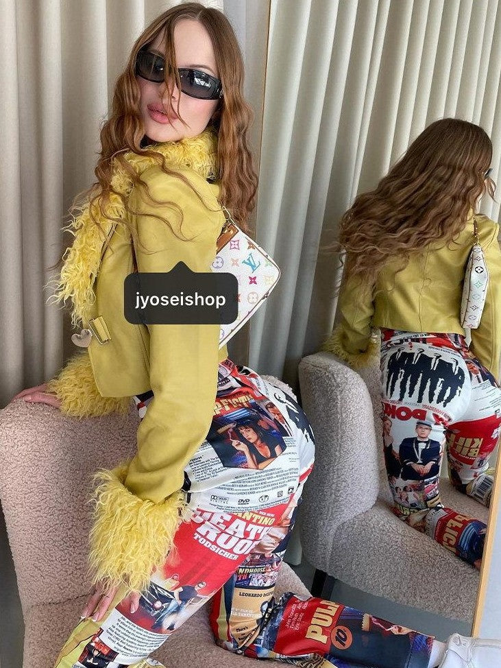 JYOSEI Bright Yellow Fixed Shearling Collar Women&