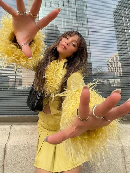 JYOSEI Bright Yellow Fixed Shearling Collar Women&