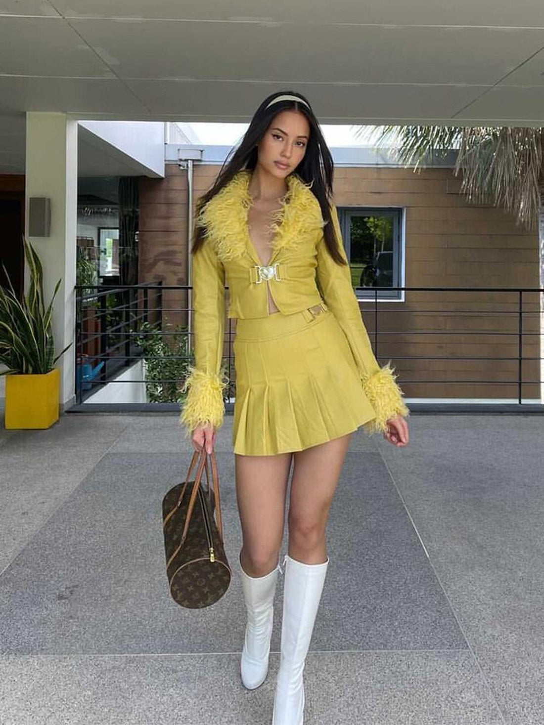 JYOSEI Bright Yellow Fixed Shearling Collar Women&