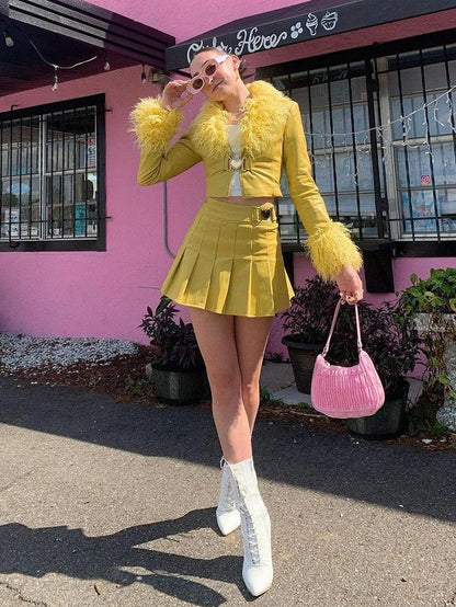 JYOSEI Bright Yellow Fixed Shearling Collar Women&