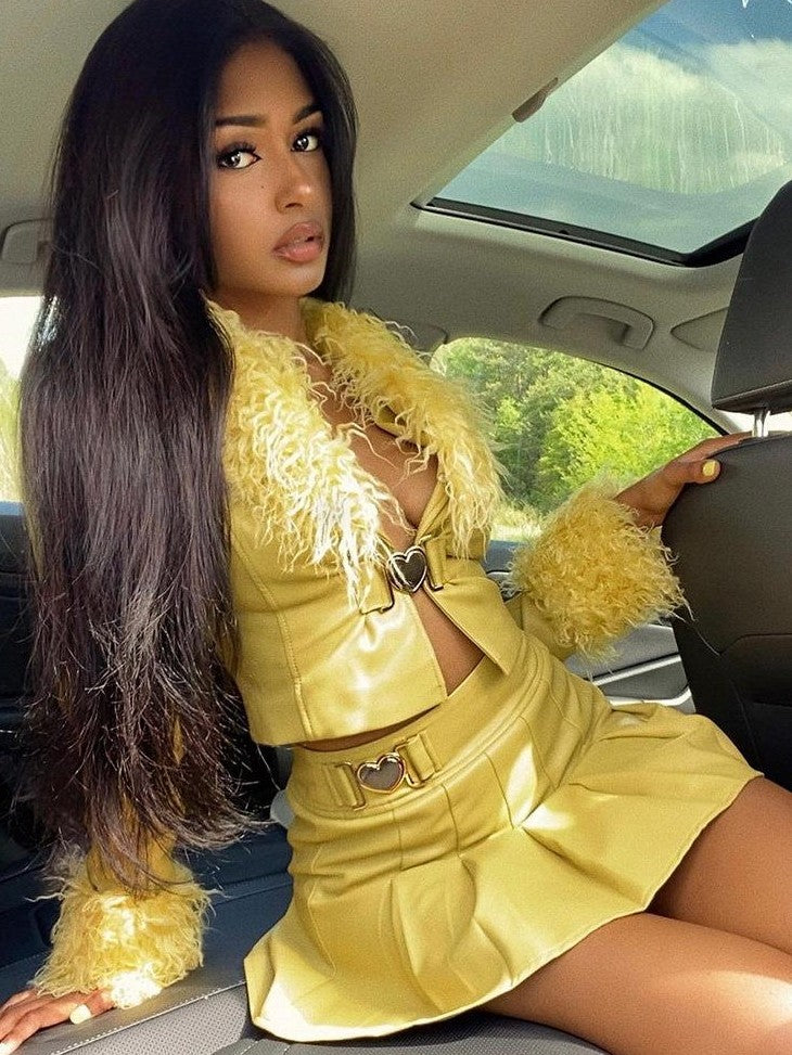JYOSEI Bright Yellow Fixed Shearling Collar Women&