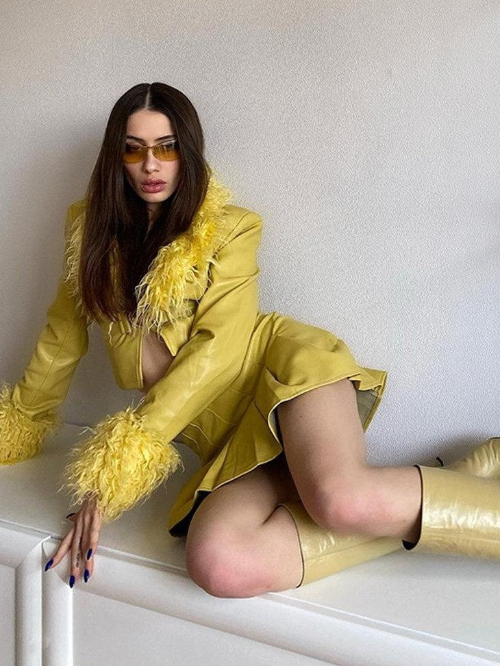 JYOSEI Bright Yellow Fixed Shearling Collar Women&