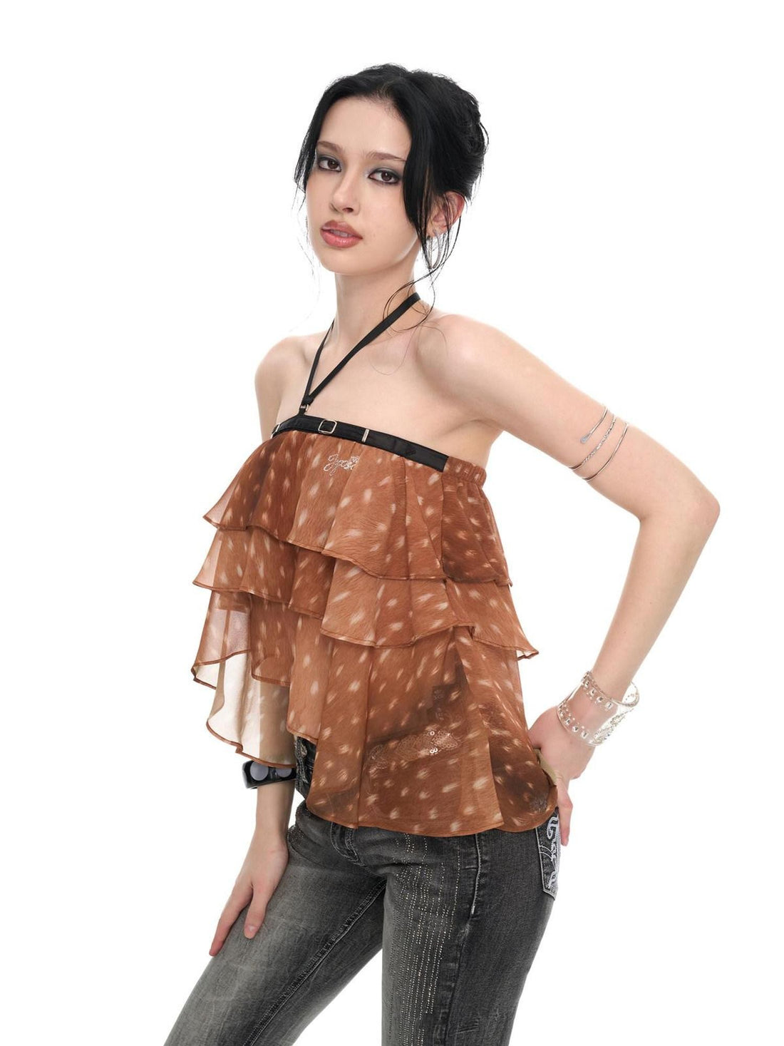 JYOSEI Brown Deer Print Irregular Ruffle Halter Backless Tie Women&