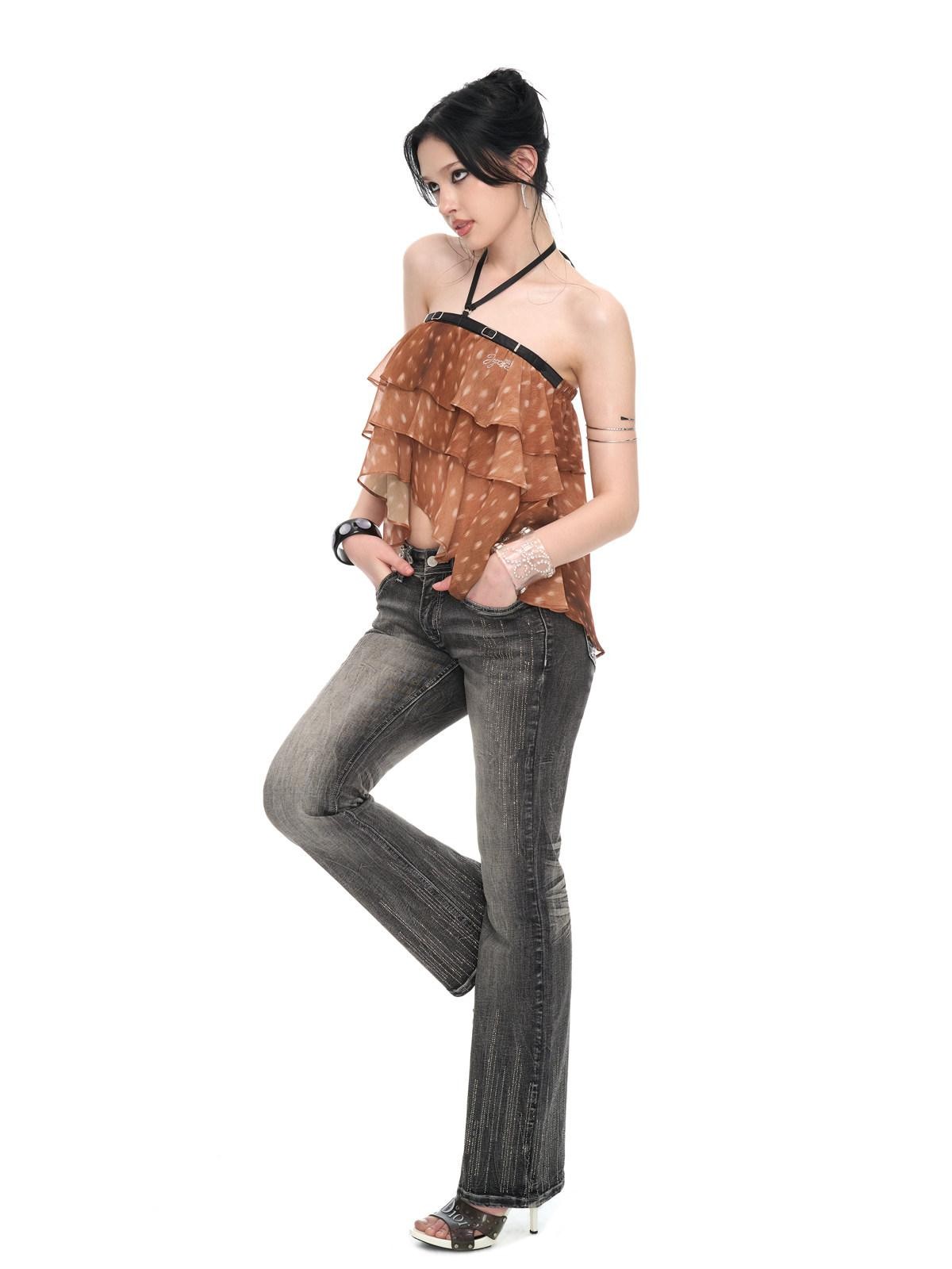 JYOSEI Brown Deer Print Irregular Ruffle Halter Backless Tie Women&