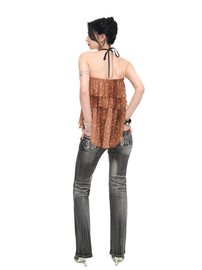 JYOSEI Brown Deer Print Irregular Ruffle Halter Backless Tie Women&