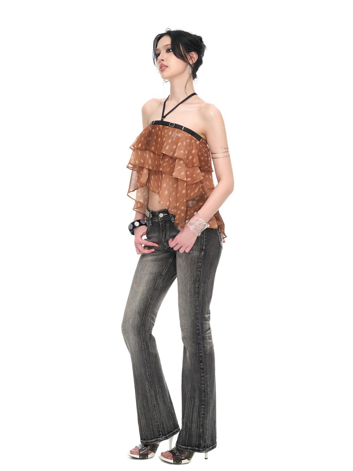 JYOSEI Brown Deer Print Irregular Ruffle Halter Backless Tie Women&