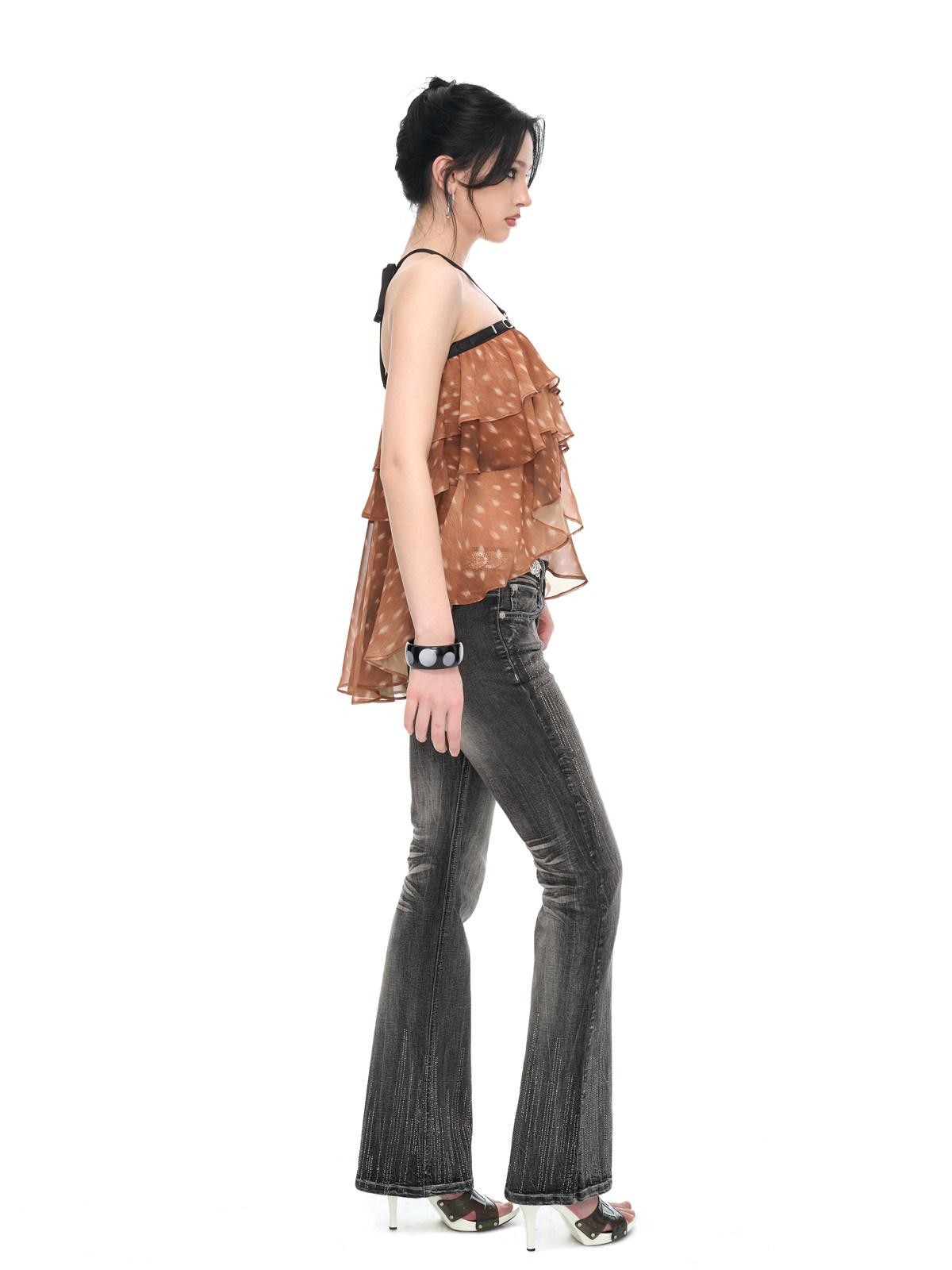 JYOSEI Brown Deer Print Irregular Ruffle Halter Backless Tie Women&