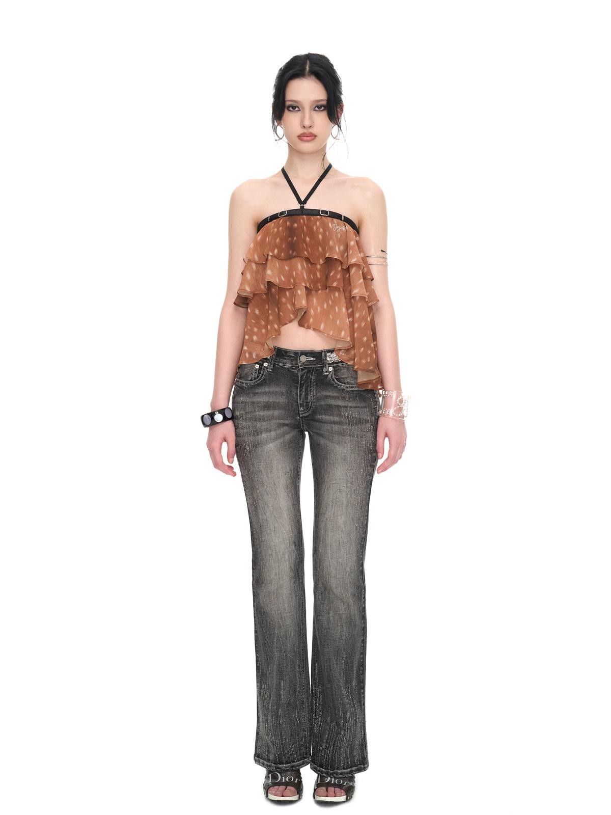 JYOSEI Brown Deer Print Irregular Ruffle Halter Backless Tie Women&