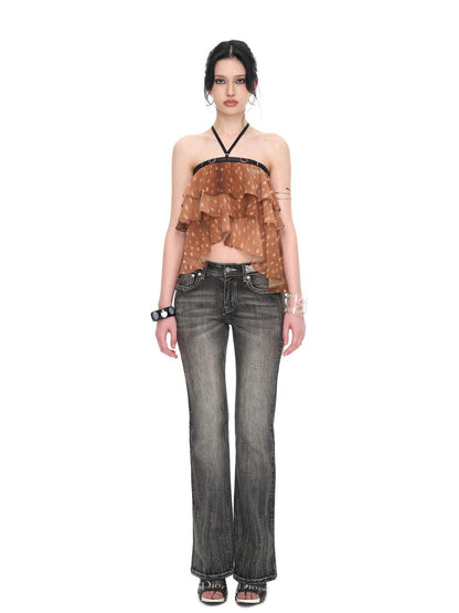 JYOSEI Brown Deer Print Irregular Ruffle Halter Backless Tie Women&