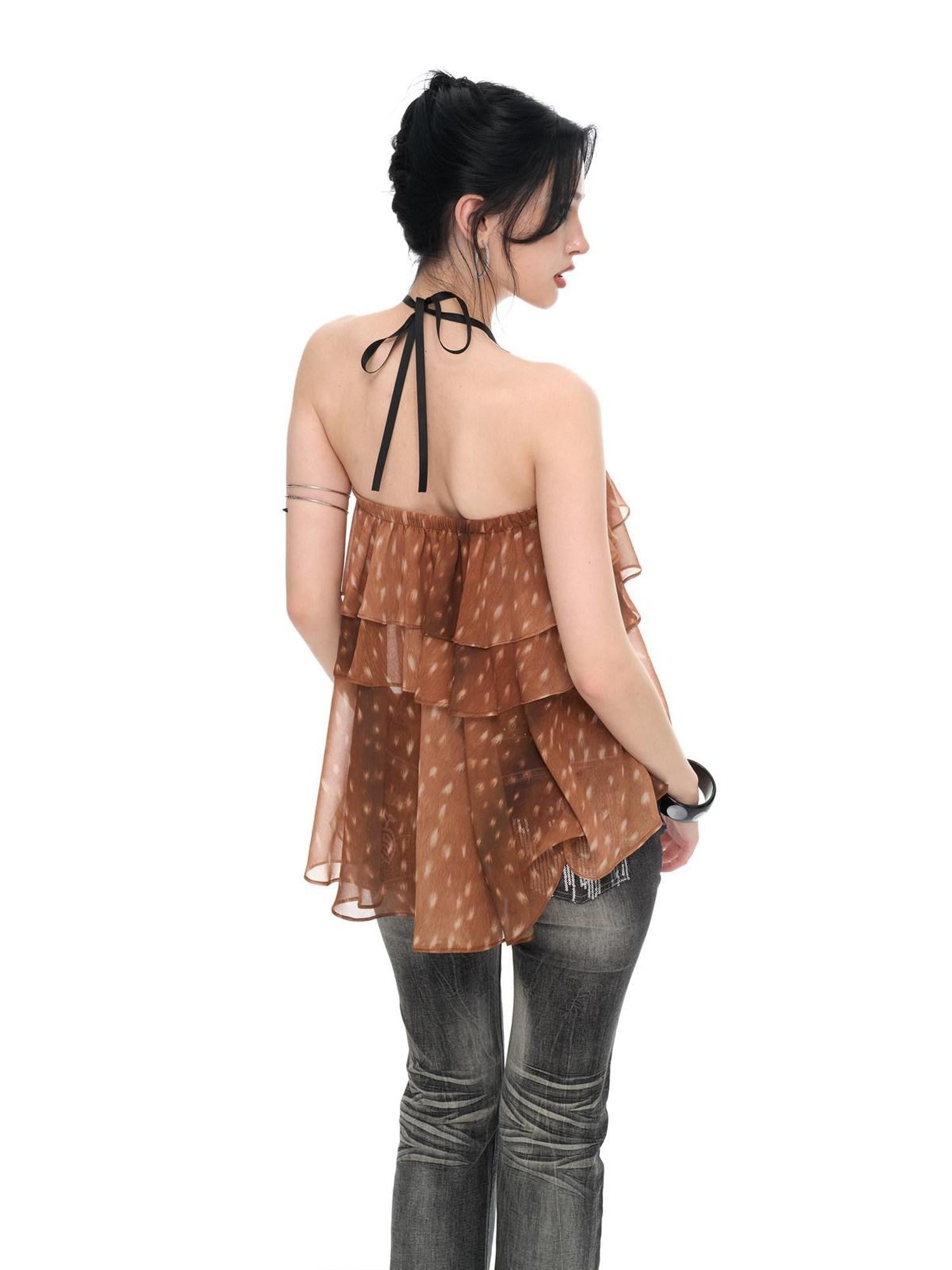 JYOSEI Brown Deer Print Irregular Ruffle Halter Backless Tie Women&