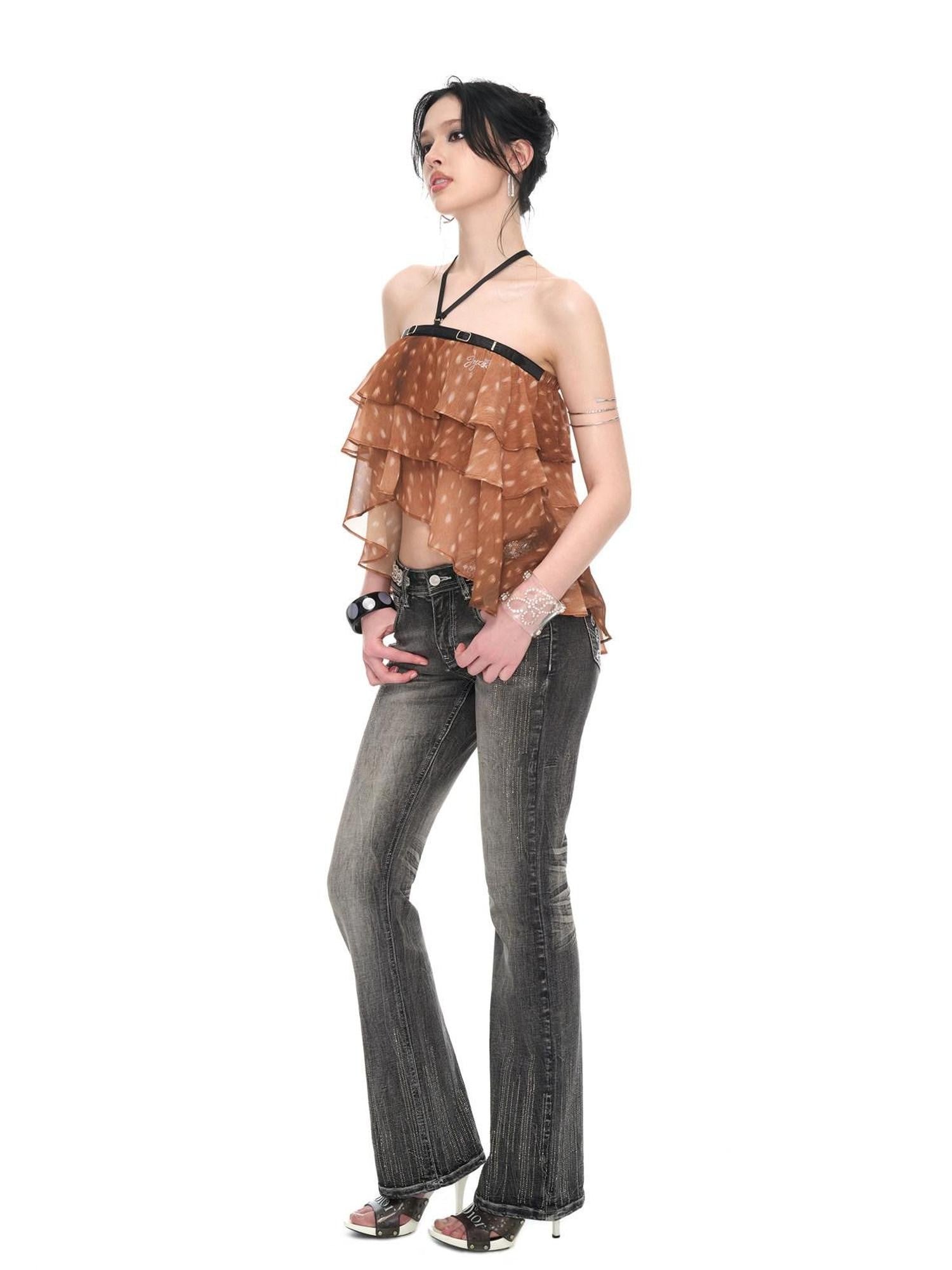 JYOSEI Brown Deer Print Irregular Ruffle Halter Backless Tie Women&