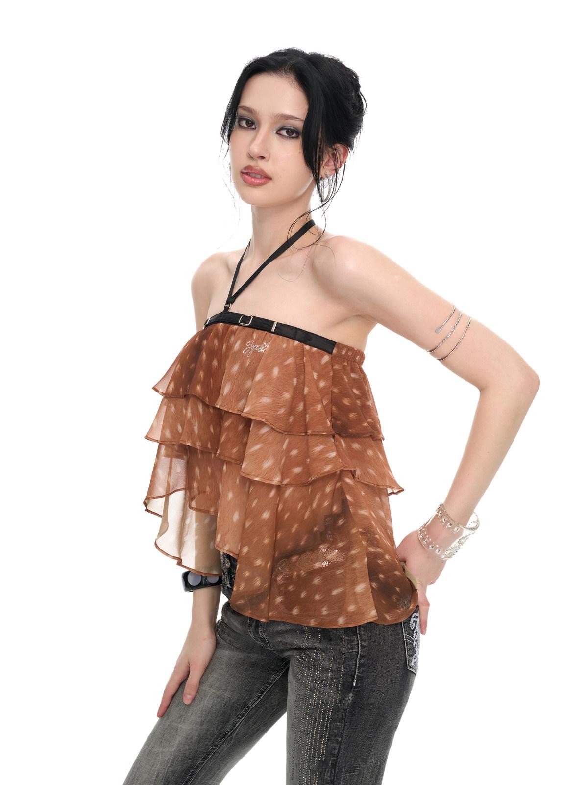 JYOSEI Brown Deer Print Irregular Ruffle Halter Backless Tie Women&