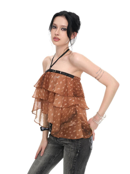 JYOSEI Brown Deer Print Irregular Ruffle Halter Backless Tie Women&