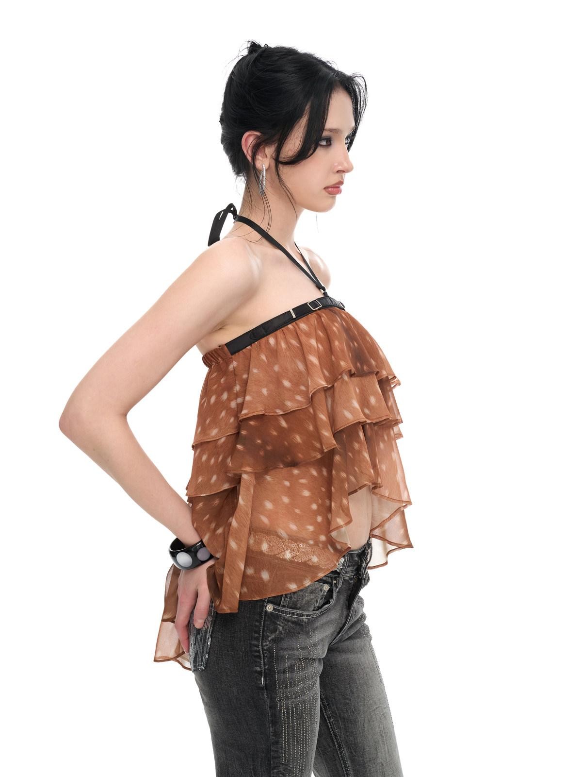 JYOSEI Brown Deer Print Irregular Ruffle Halter Backless Tie Women&