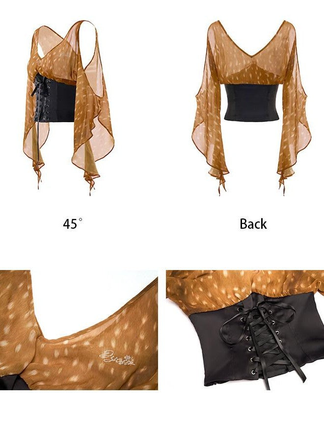 JYOSEI Brown Deer Print Off Shoulder Tie Waist V-neck Women&