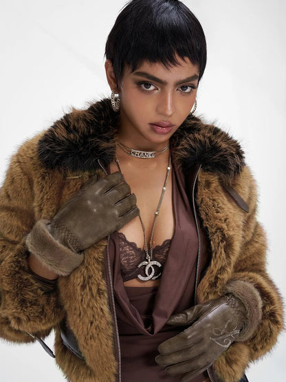 Brown Faux Fur Leather Trimmed Short Jacket