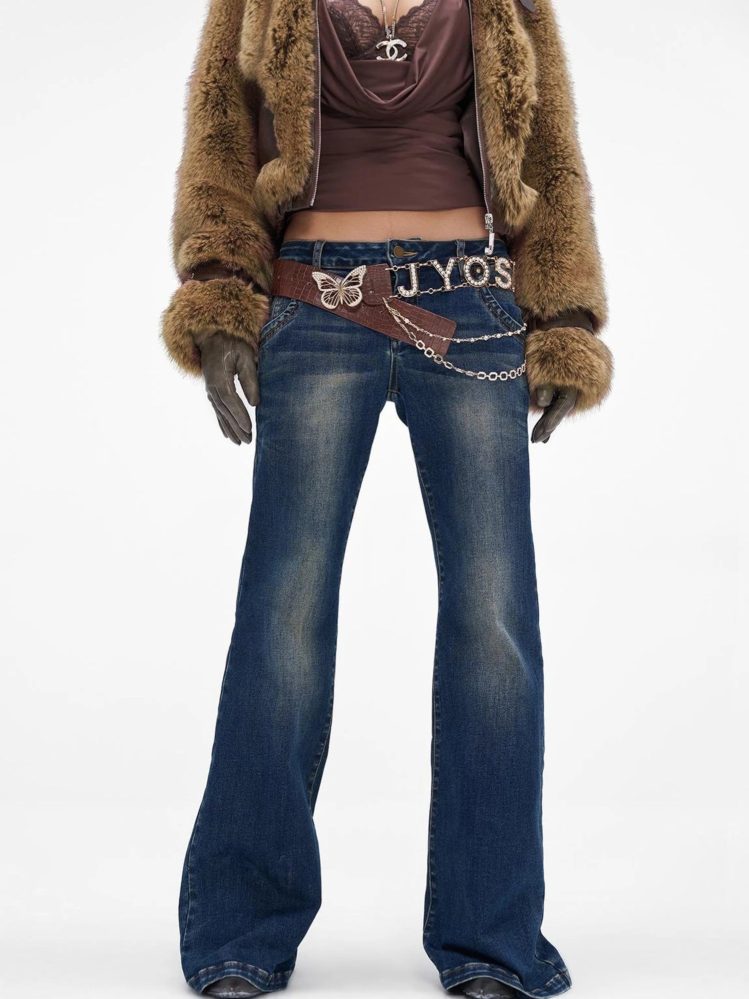 Brown Faux Fur Leather Trimmed Short Jacket