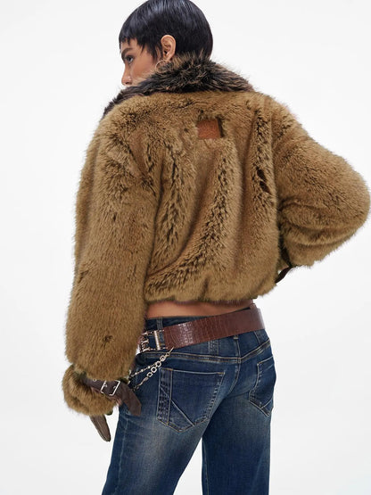 Brown Faux Fur Leather Trimmed Short Jacket