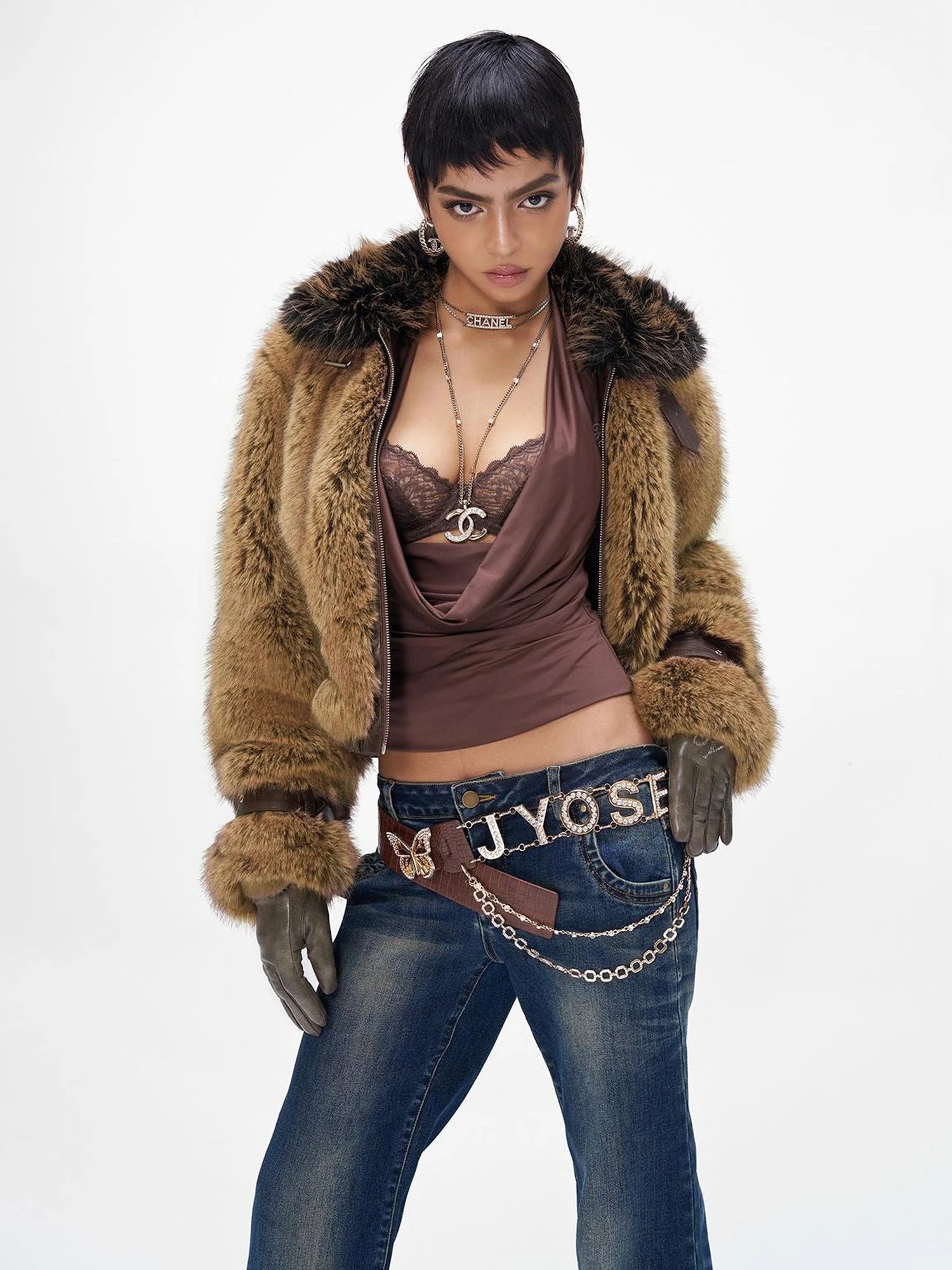 Brown Faux Fur Leather Trimmed Short Jacket