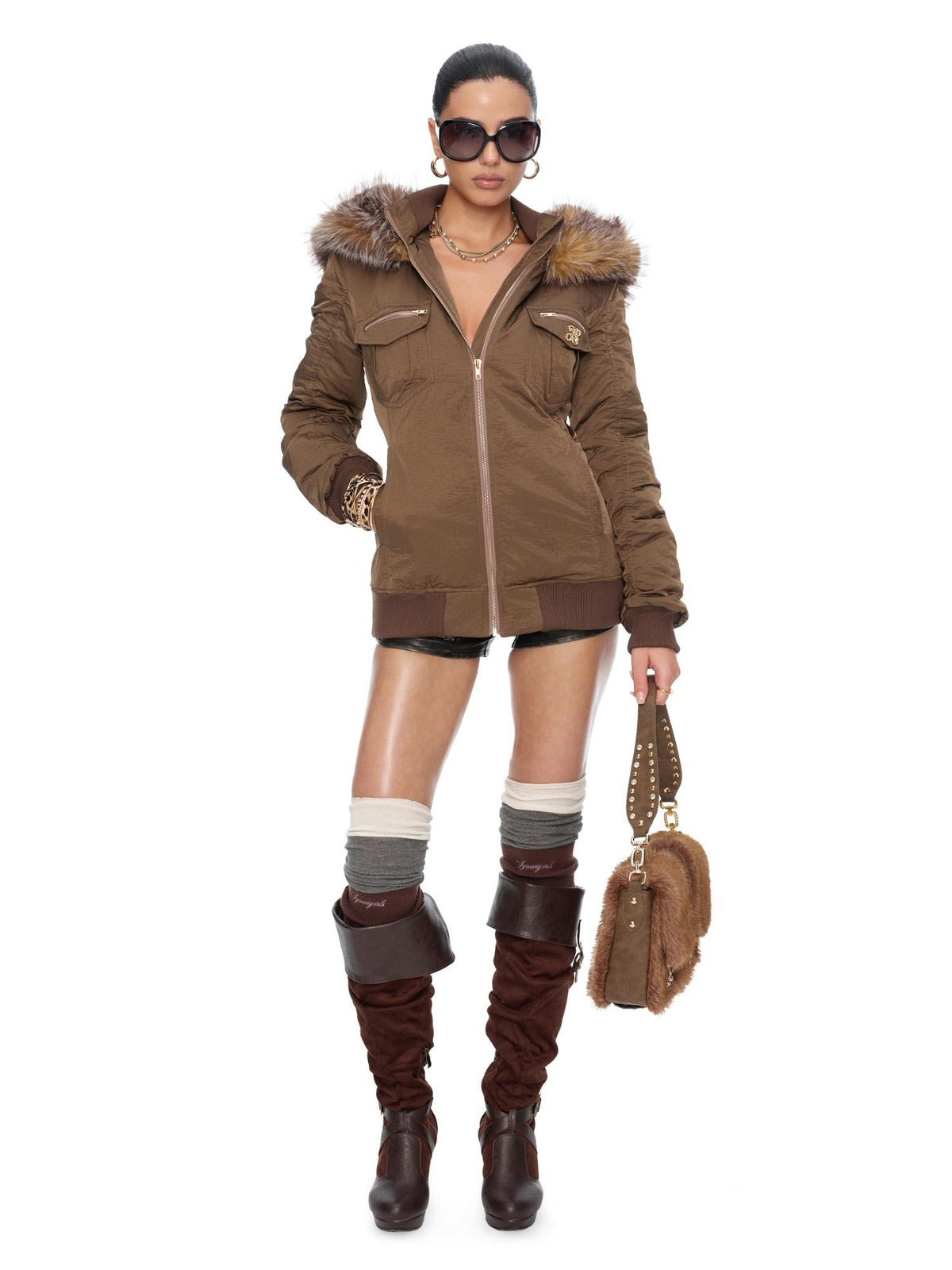 JYOSEI Brown Faux Fur Studded Flap Women&