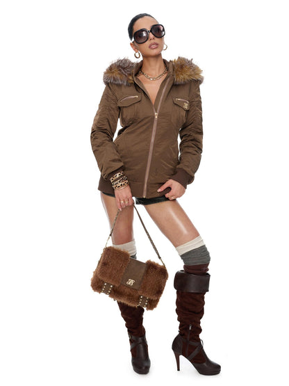 JYOSEI Brown Faux Fur Studded Flap Women&