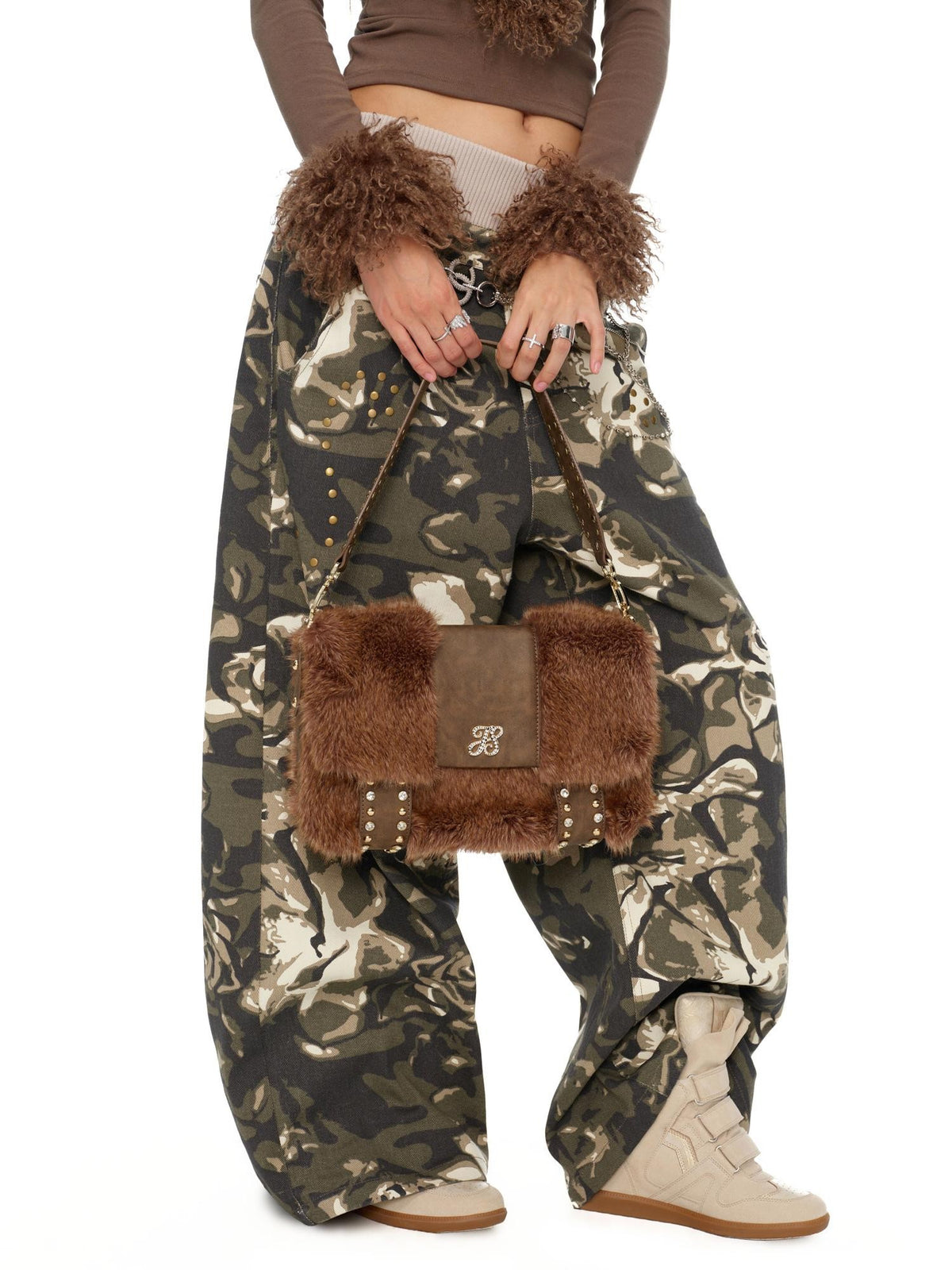 JYOSEI Brown Faux Fur Studded Flap Women&