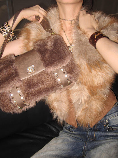 JYOSEI Brown Faux Fur Studded Flap Women&
