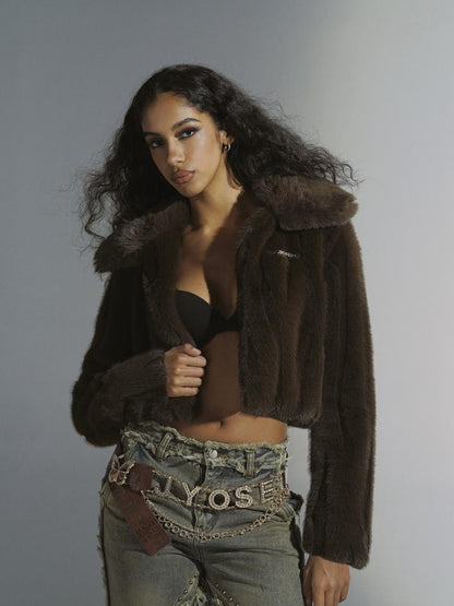 JYOSEI Brown Green Sheen Short Fuzzy Cropped Jacket With Large Collar