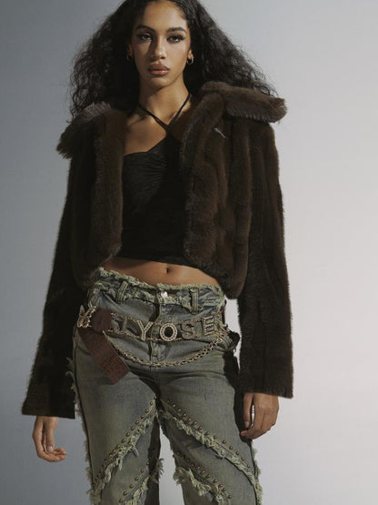 JYOSEI Brown Green Sheen Short Fuzzy Cropped Jacket With Large Collar