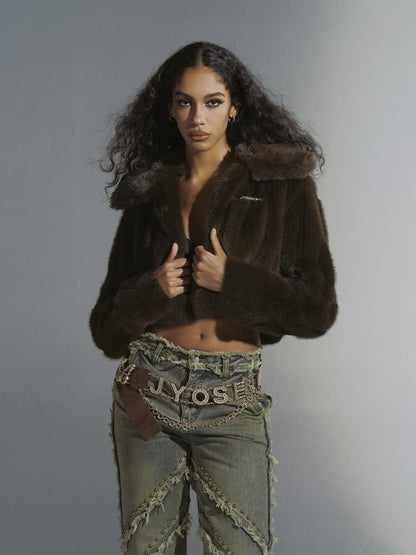 JYOSEI Brown Green Sheen Short Fuzzy Cropped Jacket With Large Collar