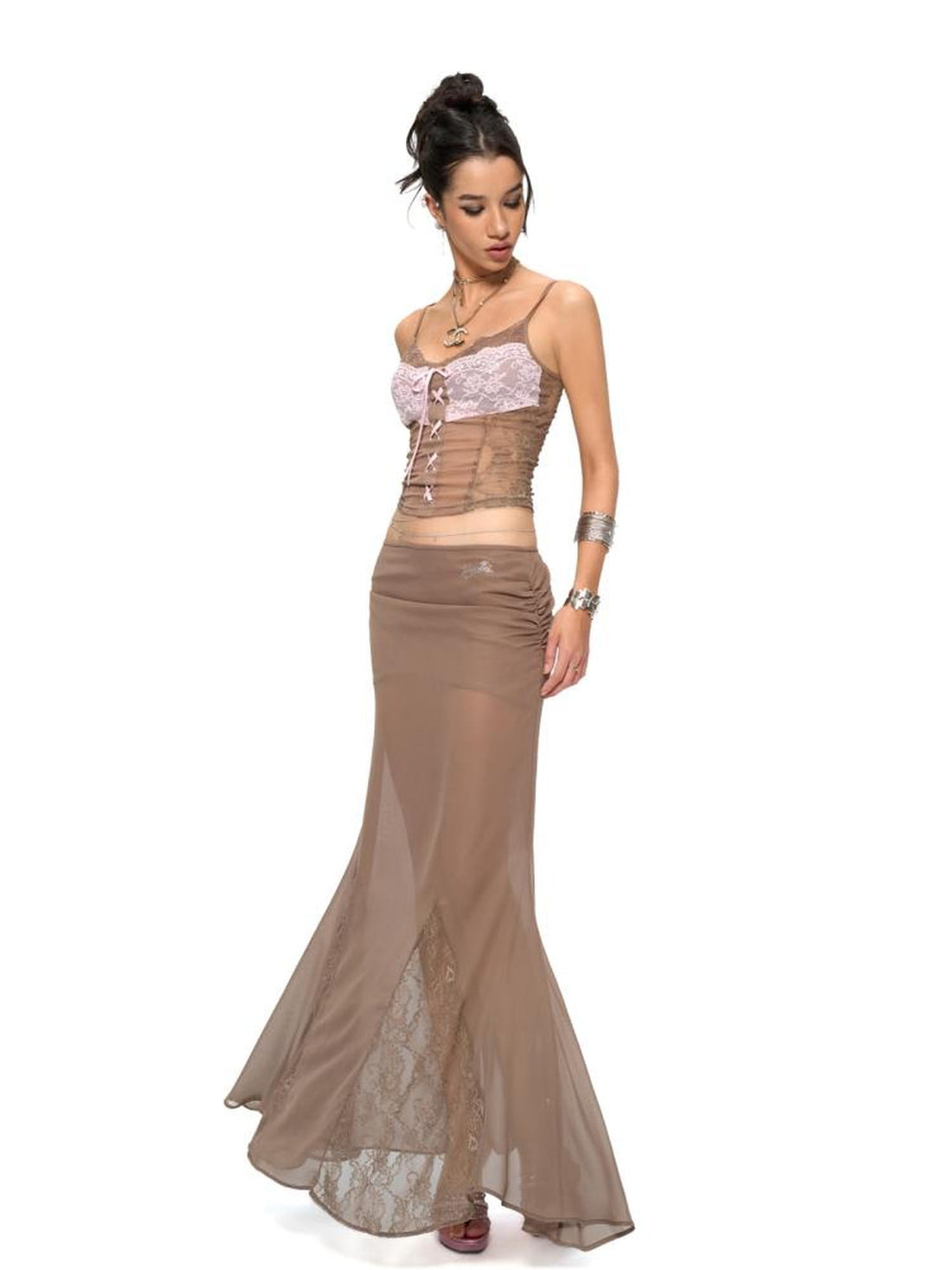 JYOSEI Brown Layered Chiffon Mermaid Maxi Skirt with Lace Trim