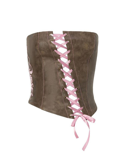 JYOSEI Brown Pu Leather 3d Embroidered Ribbon Lace Up Women&