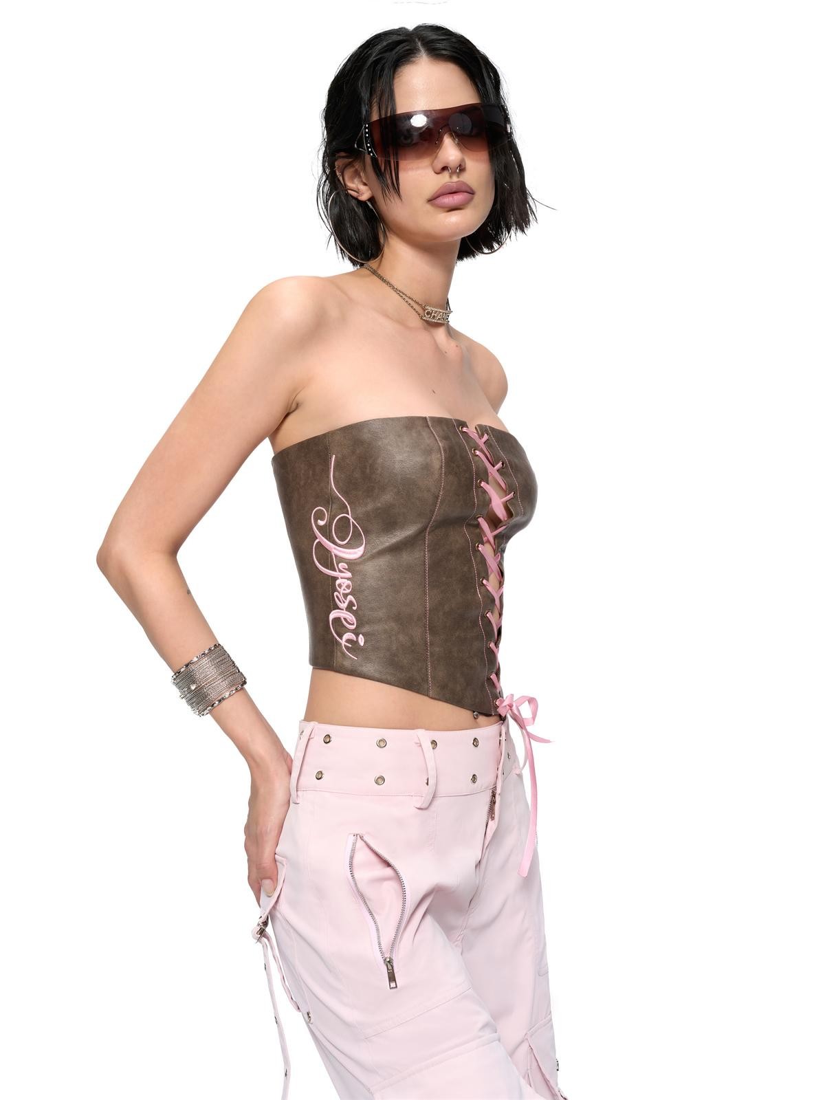 JYOSEI Brown Pu Leather 3d Embroidered Ribbon Lace Up Women&