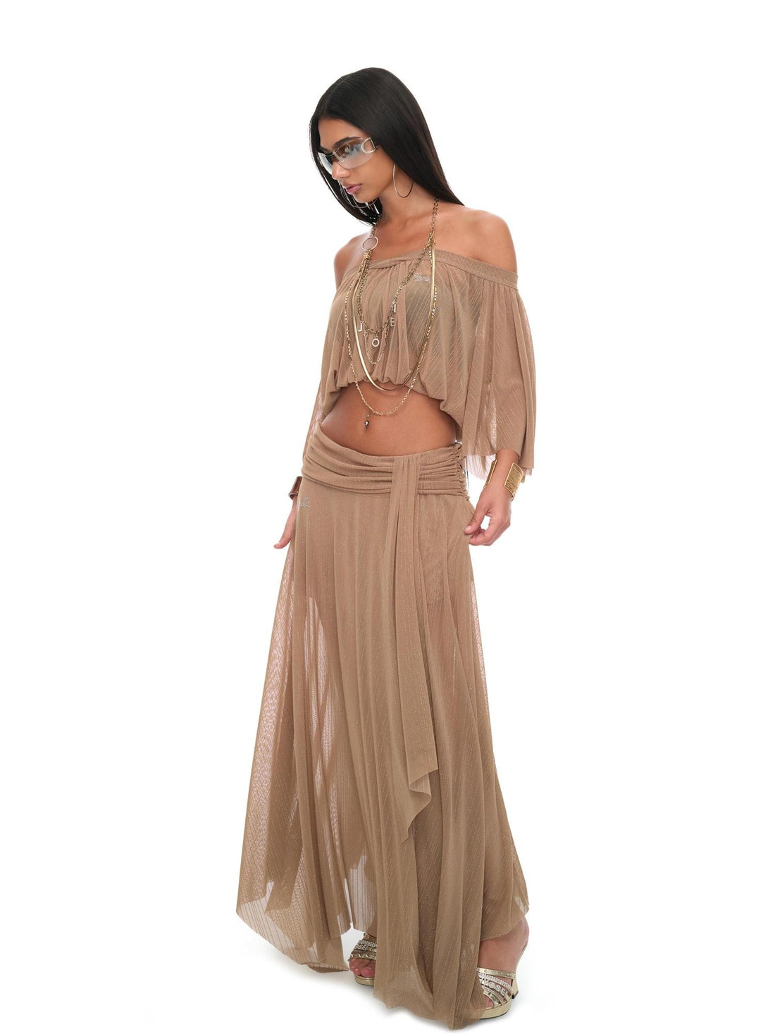 JYOSEI Brown Sheer Mesh Slit Off Shoulder Bell Sleeve Women&