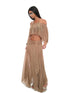 JYOSEI Brown Sheer Mesh Slit Off Shoulder Bell Sleeve Women&