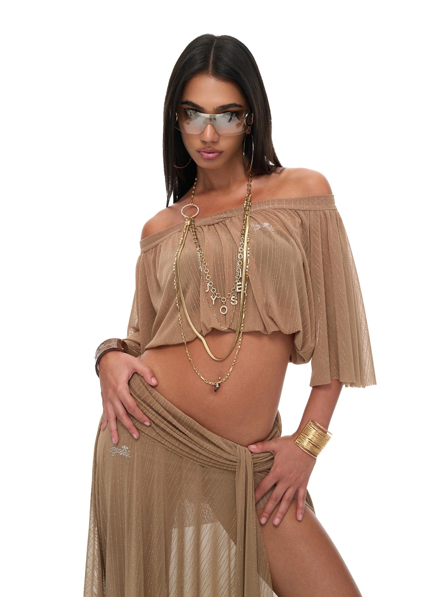 JYOSEI Brown Sheer Mesh Slit Off Shoulder Bell Sleeve Women&