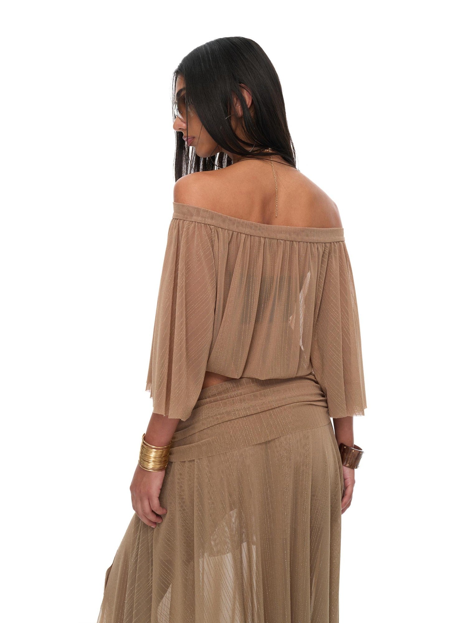 JYOSEI Brown Sheer Mesh Slit Off Shoulder Bell Sleeve Women&