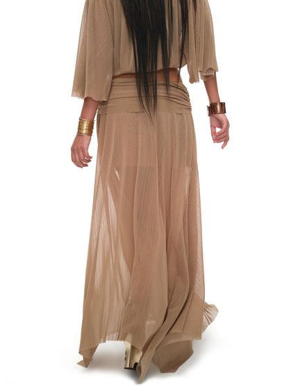 JYOSEI Brown Sheer Mesh Slit Off Shoulder Bell Sleeve Women&
