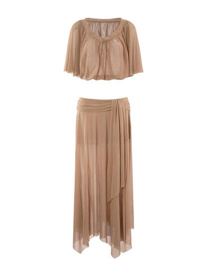 JYOSEI Brown Sheer Mesh Slit Off Shoulder Bell Sleeve Women&